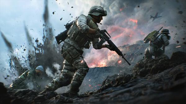 A Battlefield™ 2042 screenshot showing soldiers in combat gear running through a smoky, war-torn landscape with explosions.