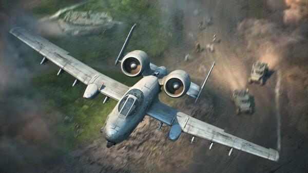 A Battlefield™ 2042 screenshot showing a military aircraft flying over a battlefield with tanks and soldiers below.
