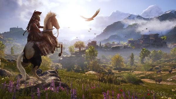 Screenshot from Assassin's Creed® Odyssey showing a warrior on horseback overlooking a lush valley with mountains in the background.