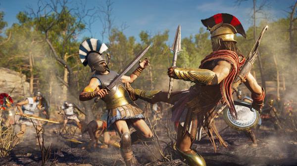 Screenshot from Assassin's Creed® Odyssey showing a fierce battle scene with warriors in ancient armor amidst a smoky battlefield.