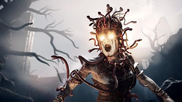 Assassin's Creed® Odyssey screenshot showing a Medusa-like creature with snake hair in a misty, eerie landscape.