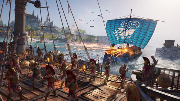 A screenshot from Assassin's Creed® Odyssey showing soldiers on a ship engaging in naval combat with flaming arrows near the coastline.