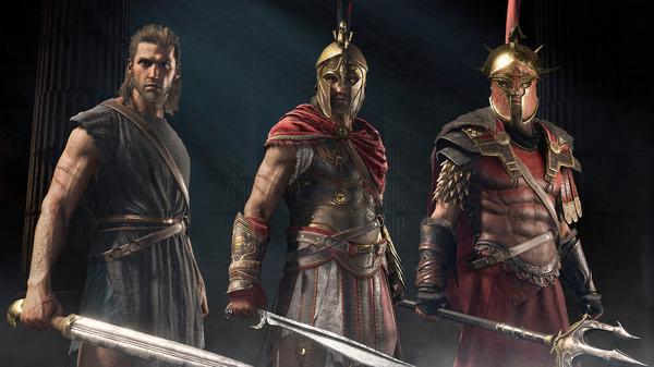Assassin's Creed® Odyssey screenshot: Three armored characters stand with weapons inside a dimly lit ancient temple.