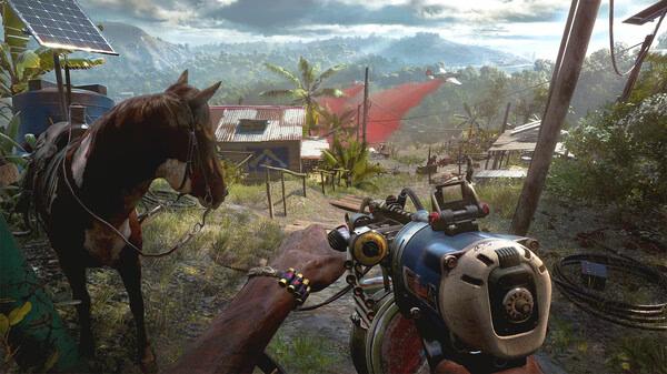 Far Cry® 6 screenshot showing a player aiming a weapon at a rustic village with a horse nearby and lush greenery in the background.