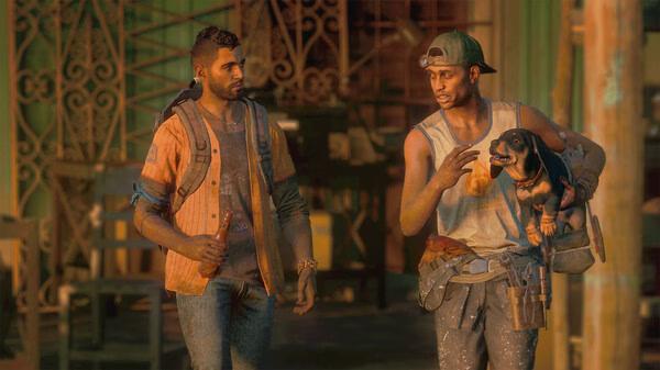 Two characters walk side by side, one carrying a small dog in Far Cry® 6 screenshot, set in a rustic outdoor environment.