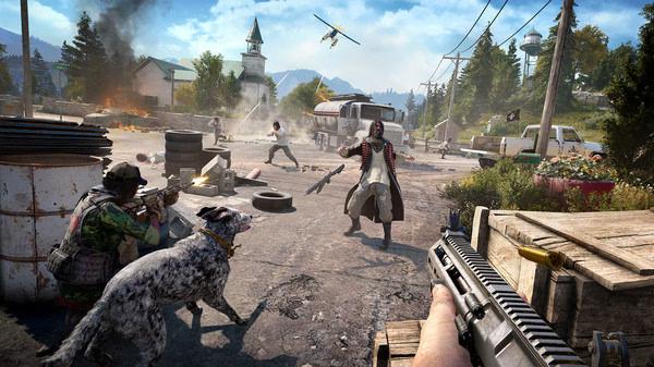 Far Cry® 5 screenshot showing an intense firefight in a rural town with armed characters, a dog, and a plane flying overhead.