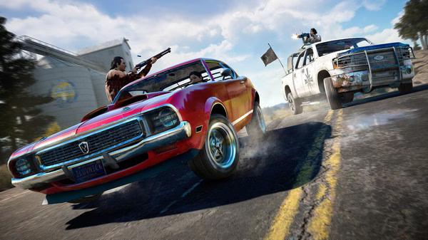 Far Cry® 5 screenshot: A red muscle car speeds away from a pursuing white truck on a rural road under a clear blue sky.