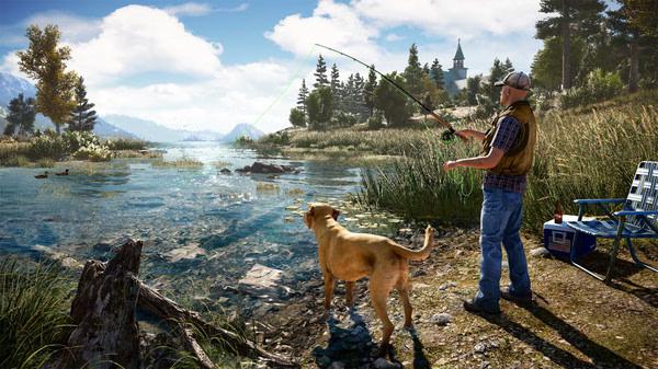 Screenshot from Far Cry® 5: A person fishing by a serene lake with a dog nearby, surrounded by lush trees and distant mountains.