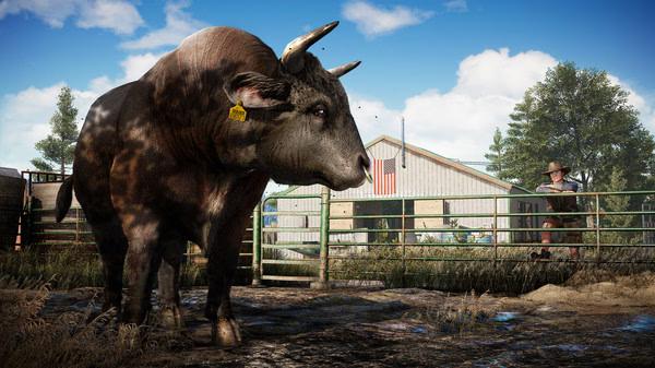 Screenshot from Far Cry® 5 showing a large bull standing in a fenced area with a barn and trees in the background.