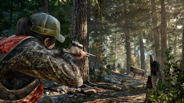 Far Cry® 5 screenshot: A hunter aims a rifle at a deer in a dense forest, surrounded by tall trees and sunlight filtering through.