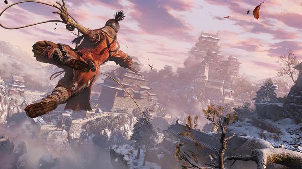 Screenshot from Sekiro™: Shadows Die Twice - GOTY Edition showing the protagonist leaping towards a snowy fortress.