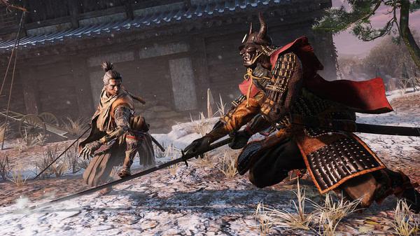 Screenshot from Sekiro™: Shadows Die Twice - GOTY Edition shows a warrior facing a samurai in a snowy landscape.