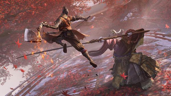 Screenshot from Sekiro™: Shadows Die Twice - GOTY Edition showing a samurai mid-air attacking an enemy under red autumn trees.
