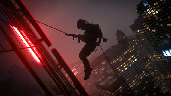 A Call of Duty®: Modern Warfare® II screenshot showing a soldier rappelling down a skyscraper at night with a cityscape in the background.