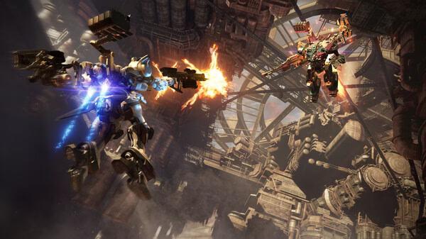 Two mechs battle with fiery weapons in a detailed industrial arena in this screenshot from ARMORED CORE™ VI FIRES OF RUBICON™.