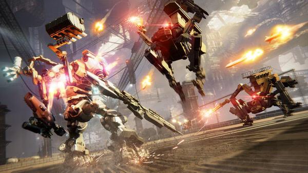 A screenshot from ARMORED CORE™ VI FIRES OF RUBICON™ showing mechs battling with explosions and gunfire in an industrial environment.