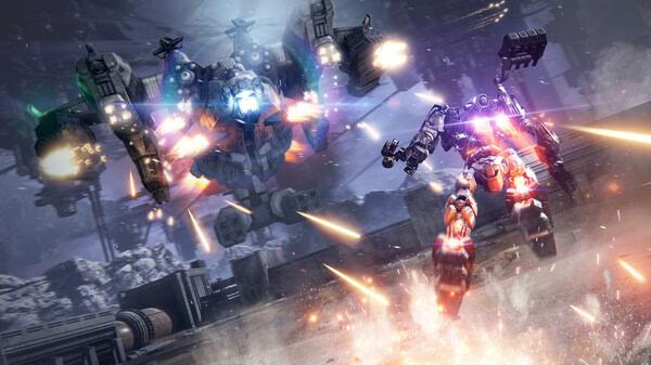 Screenshot from ARMORED CORE™ VI FIRES OF RUBICON™: Two mechanized units exchange fire in a snowy battlefield, surrounded by explosions.