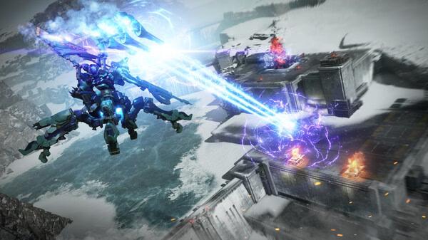 Screenshot from ARMORED CORE™ VI FIRES OF RUBICON™ showing a mech firing blue lasers at enemy units on a snowy battlefield.