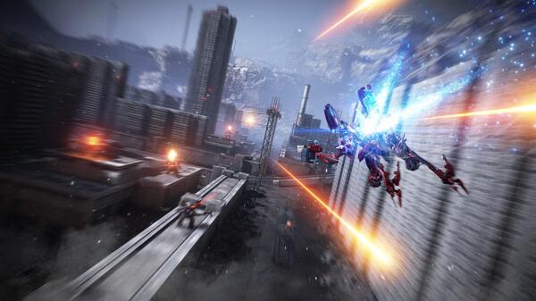 ARMORED CORE™ VI FIRES OF RUBICON™ screenshot showing a mech firing lasers while flying in a futuristic cityscape battle scene.
