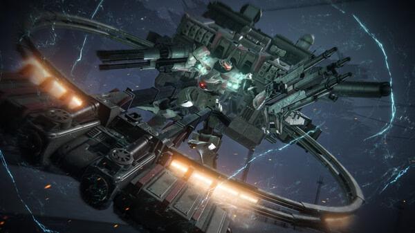 Screenshot from ARMORED CORE™ VI FIRES OF RUBICON™ shows a heavily armed mech in mid-air, surrounded by electric sparks.