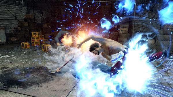 Screenshot from Yakuza: Like a Dragon showing a dramatic combat scene with fiery and icy special effects in a warehouse setting.