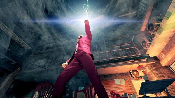 Screenshot from Yakuza: Like a Dragon shows a character in a maroon suit raising a glowing hand against a stormy background.