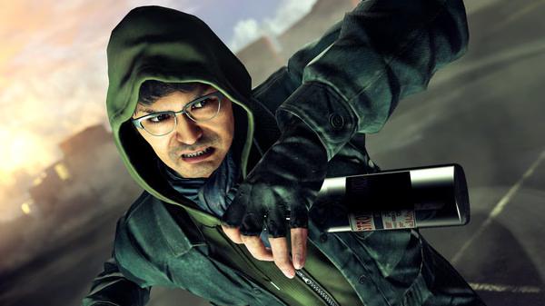 A Yakuza: Like a Dragon screenshot showing a hooded character holding a bottle in a dynamic pose on a city street.