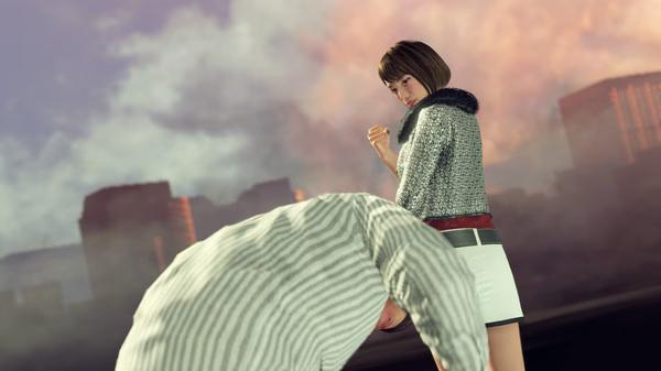 A screenshot from Yakuza: Like a Dragon showing a woman standing outdoors while a man bows deeply in front of her.