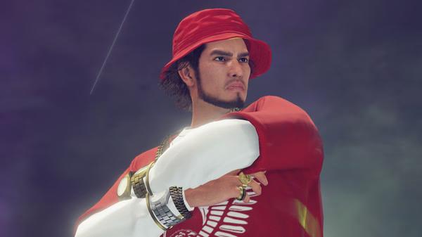 Yakuza: Like a Dragon screenshot featuring a character in a red hat and jacket, posing with arms crossed against a dramatic sky.
