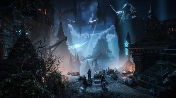 A screenshot from Dragon Age™: The Veilguard showing two characters exploring a mystical, ruined landscape under a glowing sky.