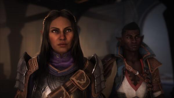 Dragon Age™: The Veilguard screenshot featuring two armored characters in a dimly lit room, one wearing leather, the other in cloth.