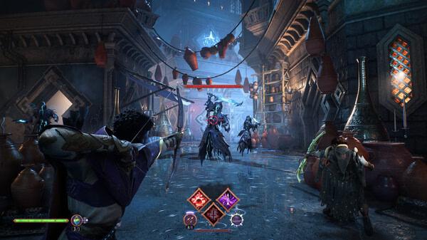 Screenshot from Dragon Age™: The Veilguard showing players battling spectral enemies in a glowing, ornate hall with hanging banners.