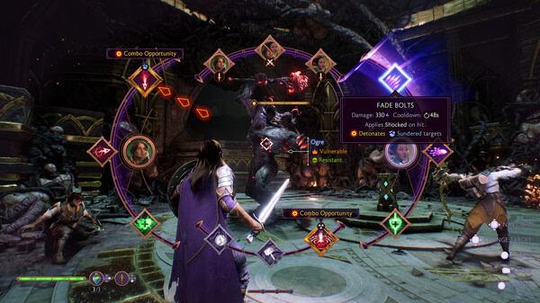 A Dragon Age™: The Veilguard screenshot shows a battle scene with a player character facing an ogre, surrounded by combat options.