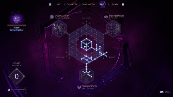 Screenshot from Dragon Age™: The Veilguard showing the skills interface with specialization options and skill tree paths highlighted.