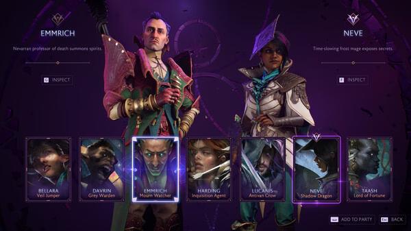 Screenshot from Dragon Age™: The Veilguard showing character selection screen with Emmrich and Neve portraits highlighted.