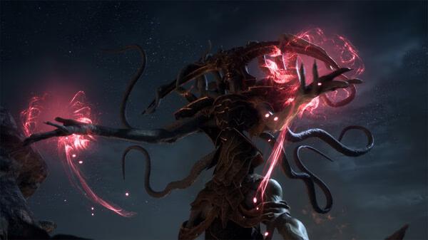 Screenshot from Dragon Age™: The Veilguard showing a mystical creature with glowing red energy against a starry night sky.