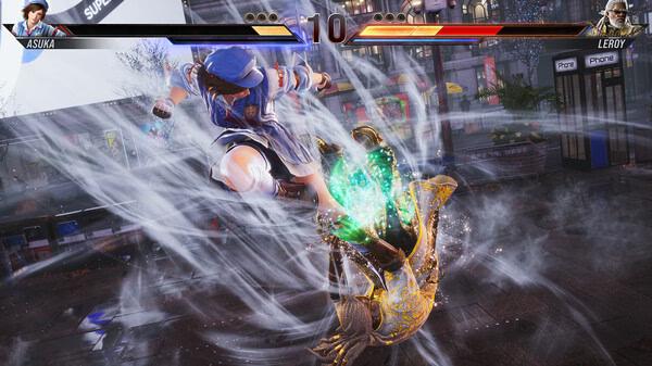 TEKKEN 8 screenshot: Asuka performs an aerial kick against Leroy in a dynamic, street-themed fighting arena.