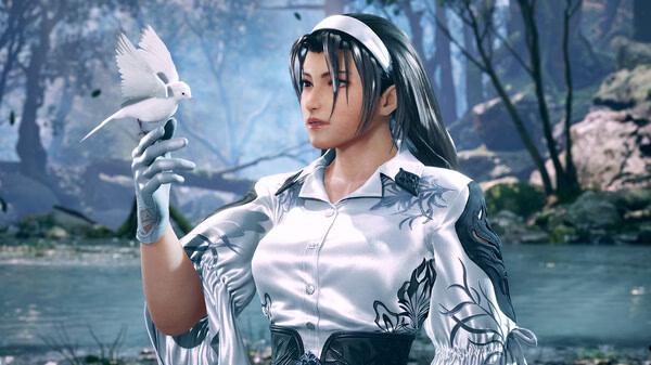 TEKKEN 8 screenshot: A character in a detailed white outfit holds a dove, standing by a serene lakeside scene.