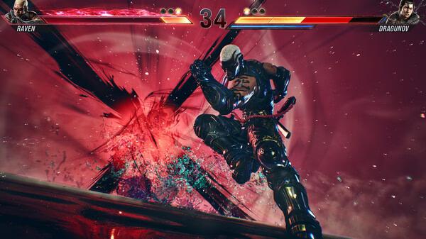 TEKKEN 8 screenshot: Raven mid-air, preparing an attack against Dragunov, with a glowing red backdrop and health bars visible.