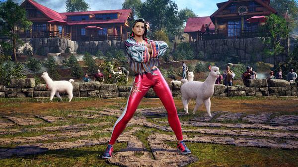 A TEKKEN 8 screenshot featuring a fighter posing in vibrant attire, surrounded by alpacas and spectators in a scenic outdoor setting.