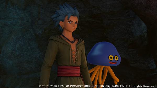 A character stands beside a smiling jellyfish-like creature in a cave in DRAGON QUEST® XI S: Echoes of an Elusive Age™ - Definitive Edition screenshot.