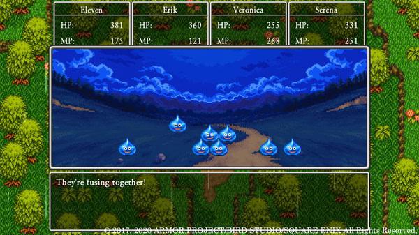 Screenshot from DRAGON QUEST® XI S: Echoes of an Elusive Age™ - Definitive Edition showing a group of blue slimes in a forest.