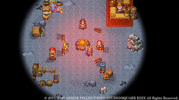 Screenshot of DRAGON QUEST® XI S: Echoes of an Elusive Age™ - Definitive Edition showing characters gathered around a campfire at night.