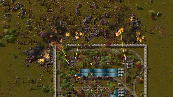Factorio screenshot showing a factory base under attack by alien creatures, with defenses firing and explosions visible.
