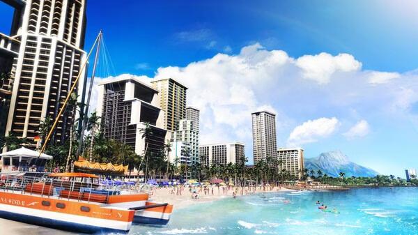 Screenshot of "Like a Dragon: Infinite Wealth" showing a bustling beach scene with tall buildings and a catamaran in the foreground.