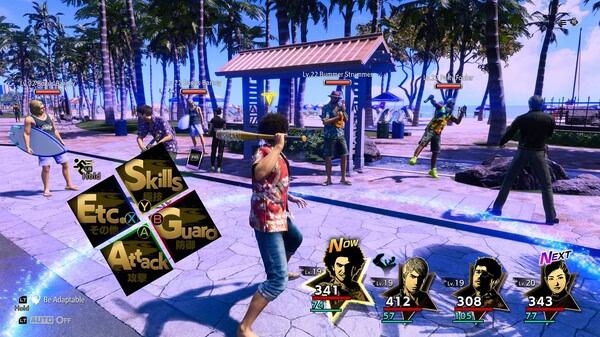 Screenshot of Like a Dragon: Infinite Wealth showing a beach battle scene with characters and combat menu options visible.