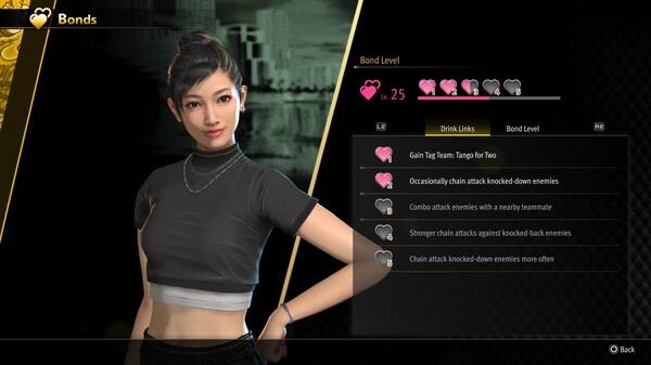 Screenshot from Like a Dragon: Infinite Wealth shows a character profile with bond levels and drink link options.