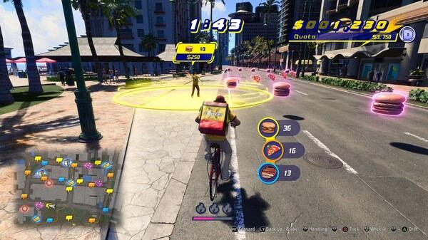 Screenshot from Like a Dragon: Infinite Wealth showing a delivery cyclist navigating city streets to collect floating burgers.