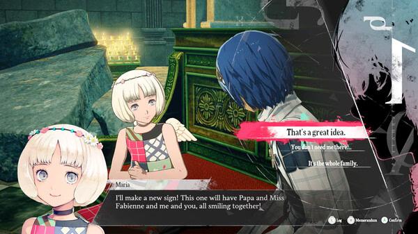 Screenshot from Metaphor: ReFantazio showing a character with blue hair talking to a young girl named Maria in a decorated room.
