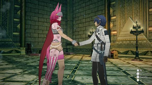 Screenshot from Metaphor: ReFantazio showing two characters shaking hands inside a grand, stone-walled chamber.